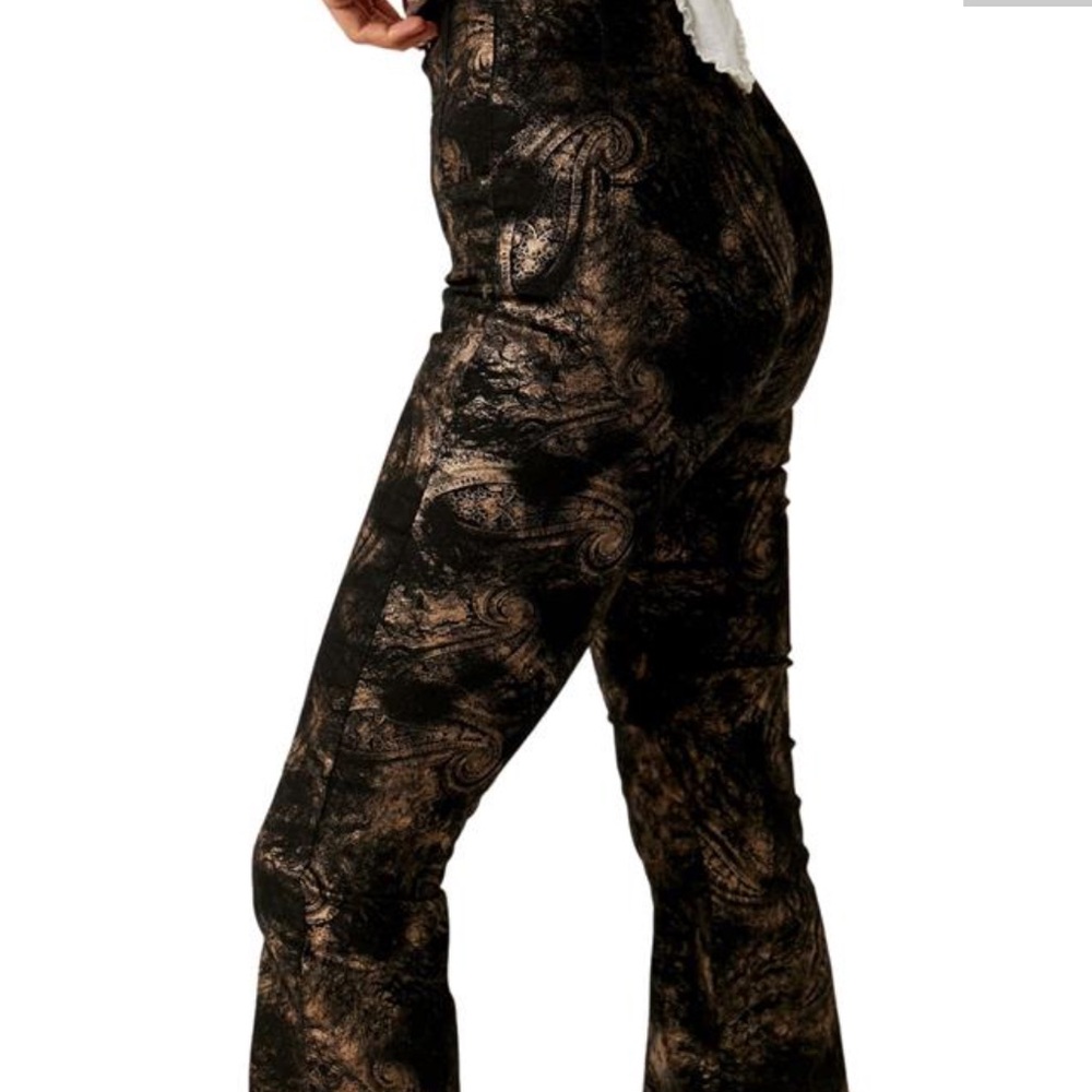 We The Free Jayde Metallic Floral Black and Gold High Rise Flare Pants